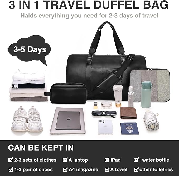 3-in-1 Leather Duffle Bag with Toiletry and Shoe Compartment, Weekender Overnight Gym Bag for Men and Women, Carry On Fits Most 15.6 Inch Laptops(Black)
