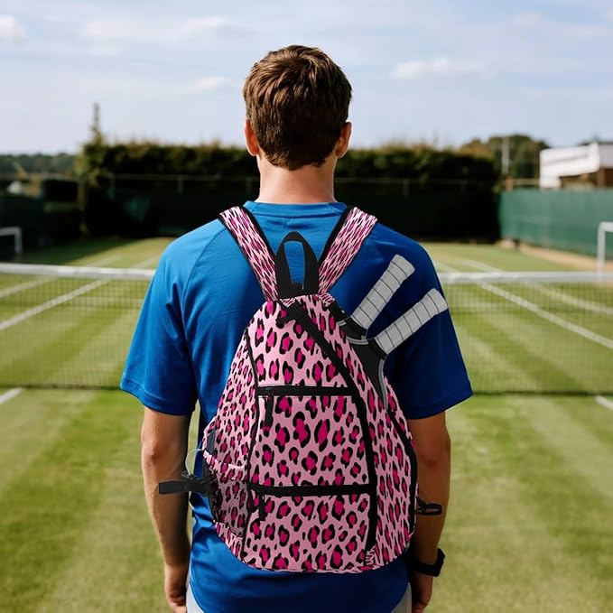 Brown Leopard Print Premium Nylon Pickleball Backpack, 3-in-1 Convertible Shoulder Crossbody Sling Bag for Women Men, Lightweight Bag Fits 2-4 Pickleball Paddles & Tennis Sports Gear