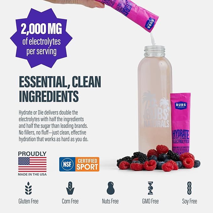 BUBS Naturals - Hydrate or Die Electrolytes Powder Packets for Fast Absorption | Premium 2000mg Electrolyte Powder | for Sports, Recovery & Well-Being (Natural Mixed Berry Flavor, 20 Sticks)