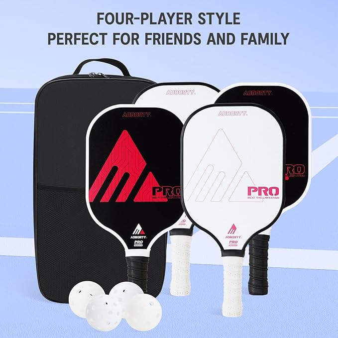 Pickleball Paddles 4 Pack - USAPA Light Graphite Premium Rackets Fiber Face & Polymer Honeycomb Core Pickleball Set with 4 Outdoor Indoor Balls Including Portable Carry Bag
