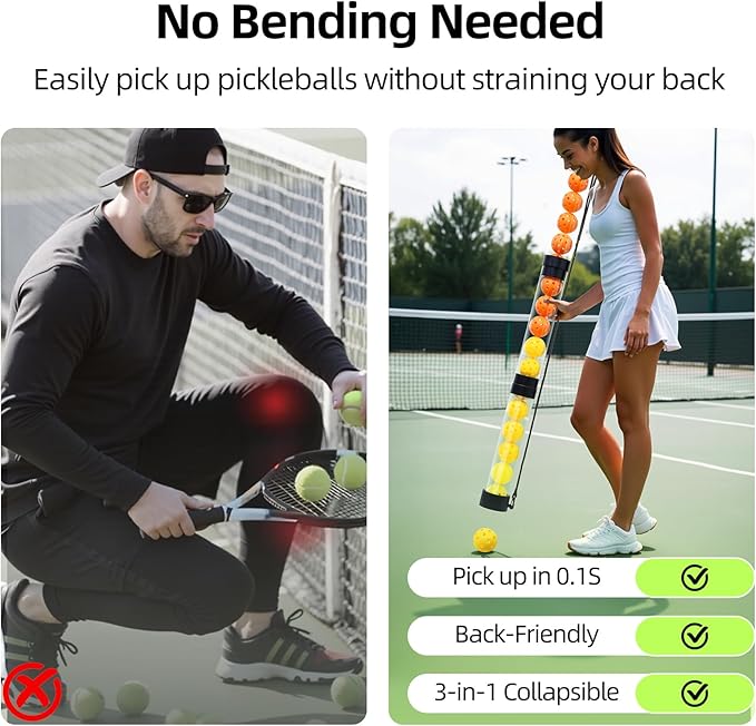 17 Balls Collapsible Pickleball Ball Retriever, Tennis Ball Retriever, Pickleball Pickup Tube with Shoulder Strap, Lightweight & Durable Ball Retriever for Easy Pickup, Collection, Carry, Storage