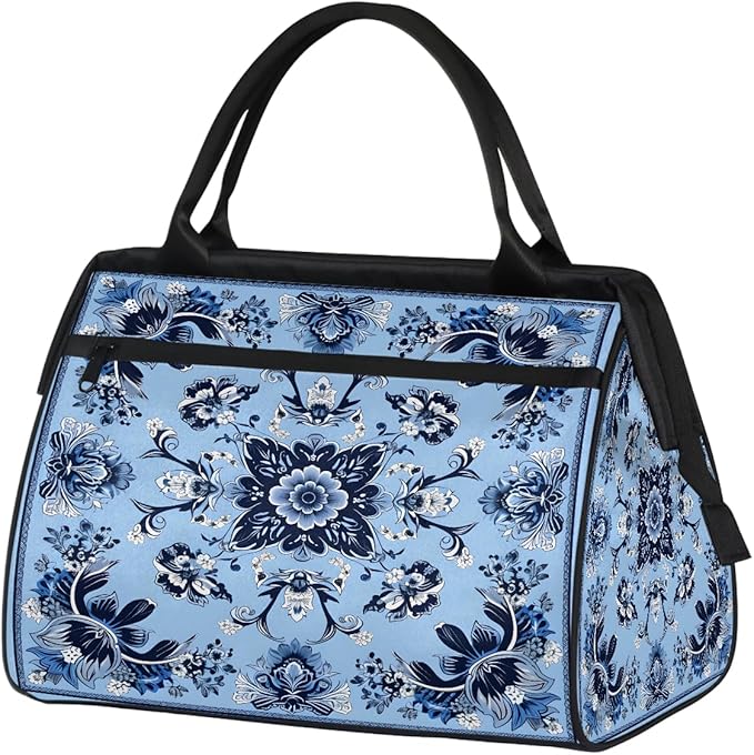Travel Duffle Bag, Ethnic Mandala Blue Flowers Overnight Weekender Tote Bag for Women Men Waterproof Carry On Luggage with Zipper Lightweight Sport Gym Bag for Traveling Yoga Camping Traveling Gifts