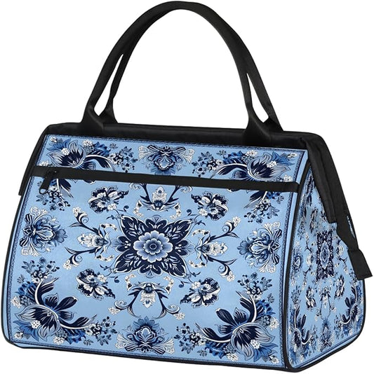 Travel Duffle Bag, Ethnic Mandala Blue Flowers Overnight Weekender Tote Bag for Women Men Waterproof Carry On Luggage with Zipper Lightweight Sport Gym Bag for Traveling Yoga Camping Traveling Gifts