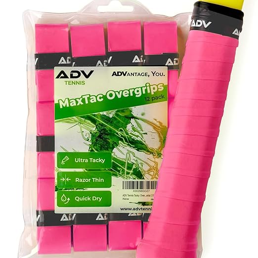 ADV MaxTac Tacky Tennis Overgrip - 12 Pack Extremely Sticky Non-Slip Tennis Grips Overgrip - Razor-Thin & Easy to Use Pro Tennis Racquet Grip Tape (12-Pack Pink)