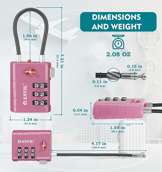 ANVIL TSA Approved Luggage Locks – High Security TSA008 Combination Travel Locks with Inspection Indicator for Suitcases and Backpacks. (2, Rose Purple)