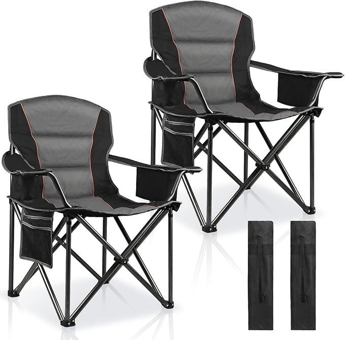 2 Pack Padded Oversized Camping Chairs for Adults,Heavy Duty Support 400 Lbs,Folding Portable Lawn Chair w/Cup Holder,Cooler Bag,Side Pocket,Perfect for Outdoor Picnic,Hiking(Black)