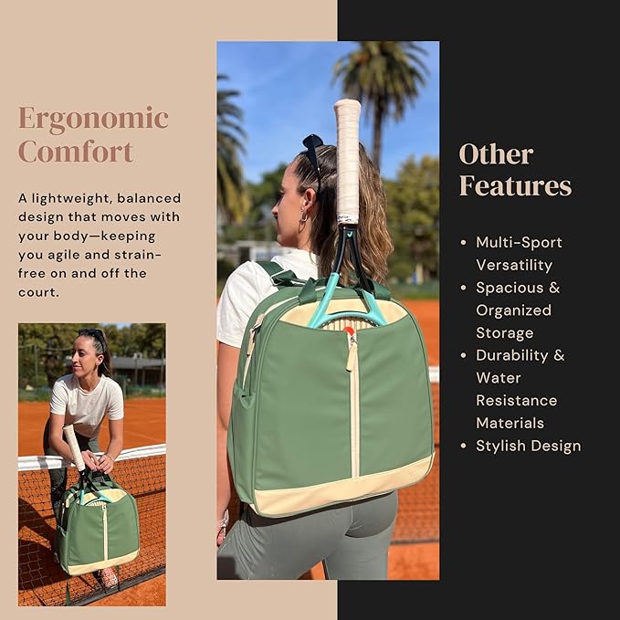 AYRES Tennis Backpack - Spacious Womens Tennis, Padel & Pickleball Bag | Quick-Access Racket Compartment (Fits 2) | Designer Tennis Bag, Water-Resistant & Easy To Clean, Makeup Pouch Included