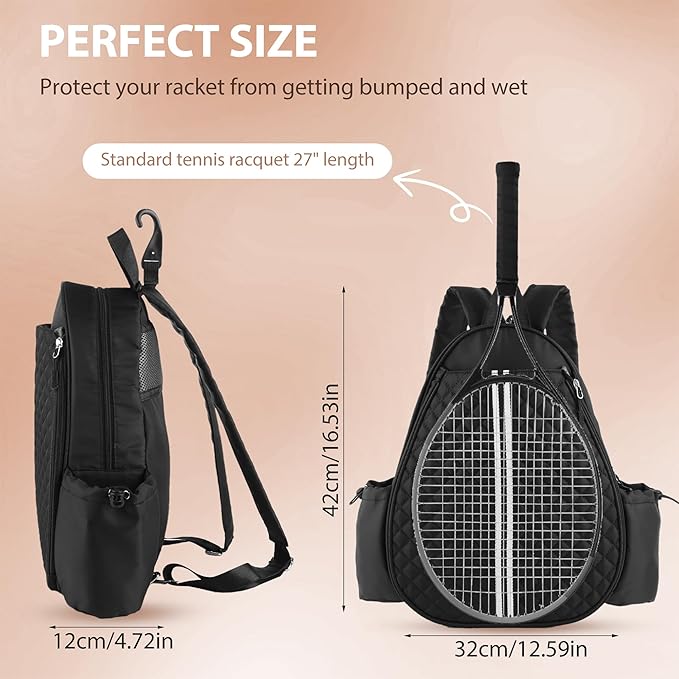 Tennis Racket Bag, Tennis Bags for Women, Quilted Sling Crossbody Backpack with Hook, Water Resistant Tennis Racket Cover for Pickleball, Racketball
