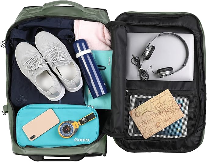 Gonex Rolling Duffle Bag with Wheels, 70L Water Repellent Wheeled Travel Duffel Luggage with Rollers 25 inch, Olive Green