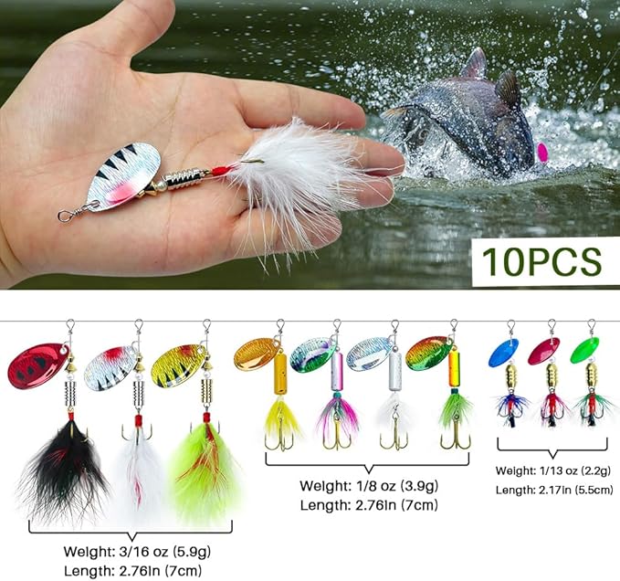 FouceClaus 10pcs Spinner Lures Baits with Tackle Box, Bass Trout Salmon Hard Metal Rooster Tail Fishing Lures Kit