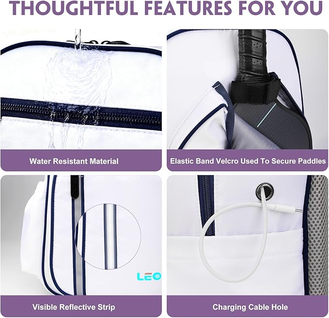 Pickleball Backpack, 30L Pickleball Bag Waterproof Large 3-Racket Tennis Sports Bag with Shoe Compartment & Insulated Pocket, Paddle Holder, Premium Sturdy Durable Bag for Men & Women (White)