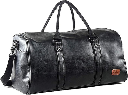 Leather Travel Bag with Shoe Pouch, Waterproof Weekender Overnight Bag, Carry On Duffel Bag for Men Women-Black