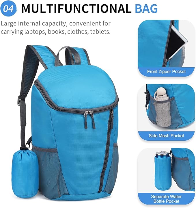 Hiking Backpack, 20L Packable Daypack for Men Women, Nylon with Adjustable Straps, Lightweight Waterproof Outdoor Camping Travel, Lake Blue