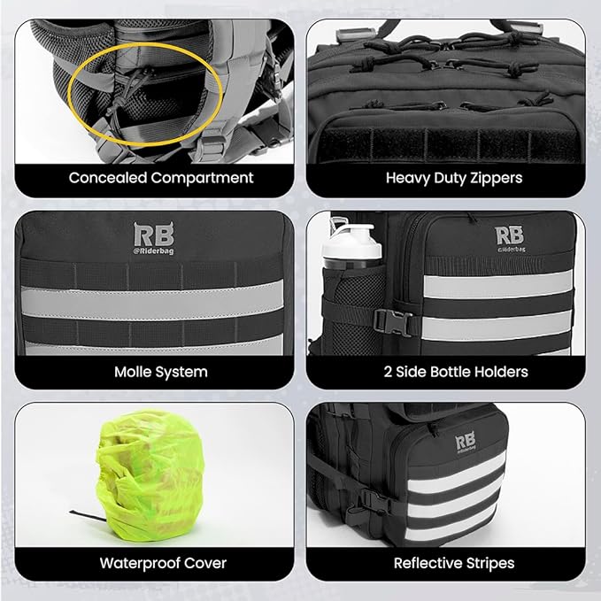 Xtreme 45L Tactical Backpack Large Travel and Gym Backpack with 16-inch Laptop Sleeve, Stick Holder, Double Bottle Pockets, Recycled-Fabric Shell, Reliable Zippers, Rain Cover (Black)