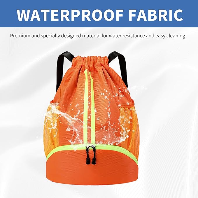 Drawstring Backpack Gym Bag with Shoes Compartment for Soccer, Basketball, Swim, Water-Resistant String Backpack Beach Cinch for Women Men, Orange