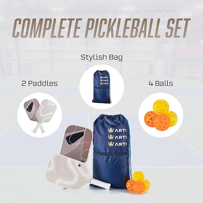 ARTI Pickleball Paddles Set of 2-USAPA Approved Fiberglass Surface Pickleball Set,2 Pickleball Rackets, 4 Balls and 1 Portable Carry Bag