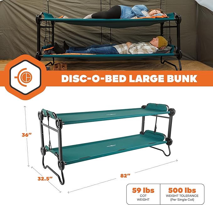 Disc-O-Bed Large Outdoor Convertible 2 Person Bench and Double Camping Cot Portable Bed Bunk System for Adults, Green