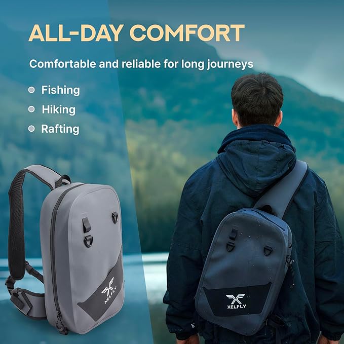 Xelfly Waterproof Fishing Sling Backpack Bag with Rod Holder, Gear Loops - Submersible Zipper, Rugged Top Handle, Adjustable Attachments (Gray)