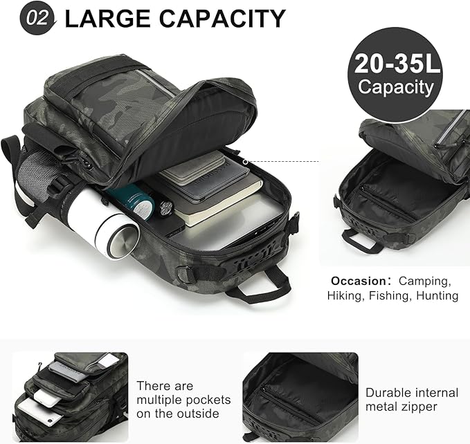 35L Fishing Backpack with Rod Holder, Waterproof Tackle Sling Crossbody Bag with Multi Pocket for Fishing Camping Hunting Hiking, Army Green Camouflage