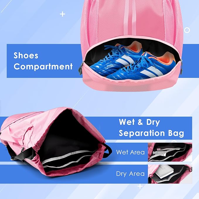 BROTOU Soccer Bags, Football Backpack, Volleyball Bag, Drawstring Backpack with Ball and Shoe Compartment, Football bags for Equipment Swim Gym Bag