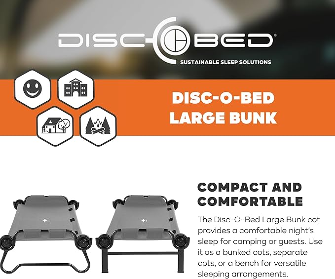 Disc-O-Bed Large Outdoor Convertible 2 Person Bench and Double Camping Cot Portable Bed Bunk System for Adults, Grey