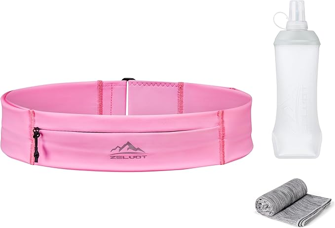 Zelvot Running Belt with 400ml Soft, Adjustable Running Fanny Pack with Phone Holder and Gym Towel, Waterproof Belt Bag for Women Men for Jogging Hiking Marathon (Pink, Medium)