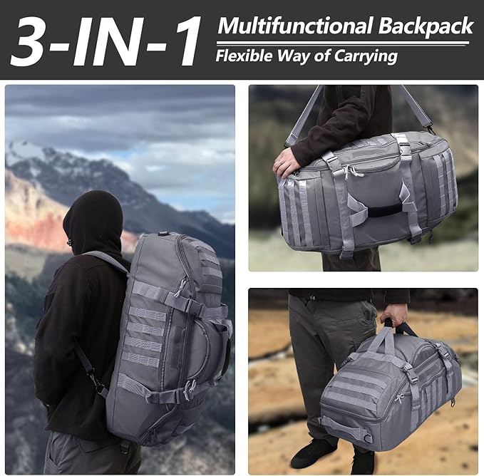 55L Large Duffle Bag, 3-in-1 Tactical Backpack MOLLE Pack for Sports, Gym, Outdoor, Grey