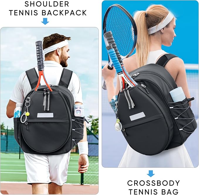 Tennis Backpack with 2 Rackets Holder, Water-Resistant PU Leather Tennis Racket Bag for Women & Men, Sling Crossbody Sports Backpack for Tennis, Pickleball & Badminton, Tennis Gifts