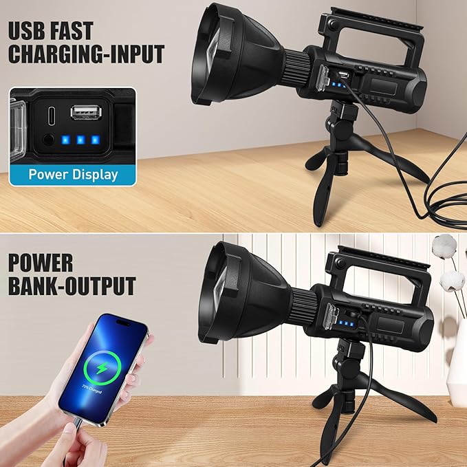 ALSTU Rechargeable Spotlight, 99,000 Lumens Super Bright Handheld Led Flashlight, Outdoor Spot Light for Boating Camping