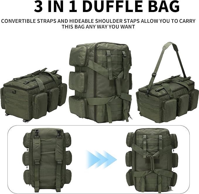 3 In 1 Military Duffel Bag 50L Gym Bag for Men Convertible Weekender Backpack for Sports Travel Basketball