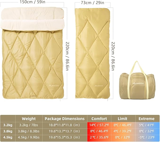 BISINNA Double Sleepinag Bag Flannel for Adults Two Person Camping Sleeping Bag Queen Size for All Season Backpacking Hiking Cold Weather with Compression Sack