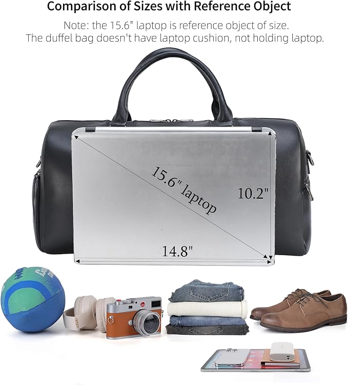 Masa Kawa Black Leather Duffle Bag for Travel Men, 31L Carry On Waterproof Foldable Duffel Bag with Shoe Compartment for Gym, Sports, Overnight Weekender Camping