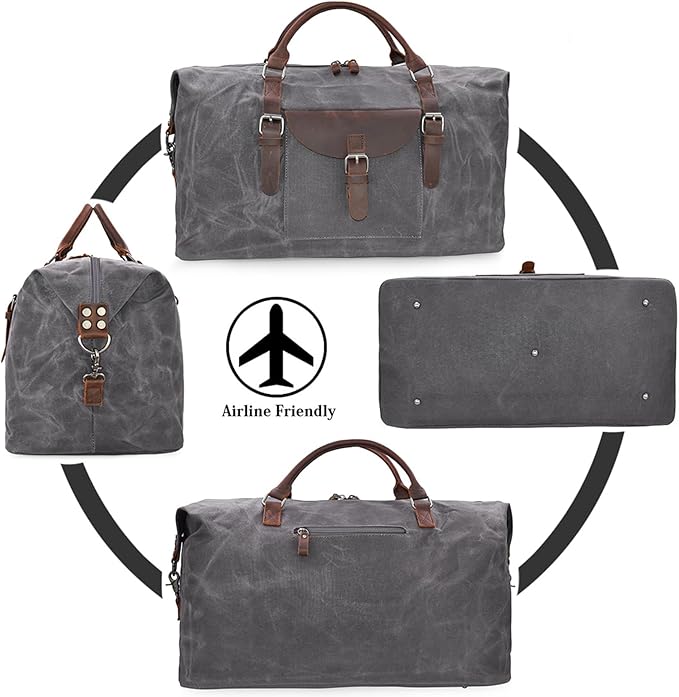 Oversized Travel Duffel Bag Waterproof Canvas Genuine Leather Weekend bag Weekender Overnight Carryon Hand Bag Grey