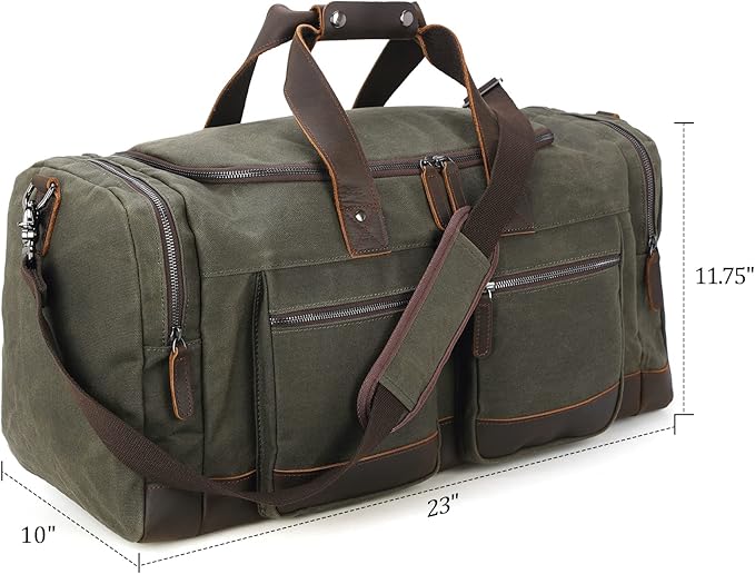 Polare 23” Waxed Canvas Cowhide Leather Waterproof Travel Duffel Bag Trim Luggage Weekender Overnight Carry on Hand Bag