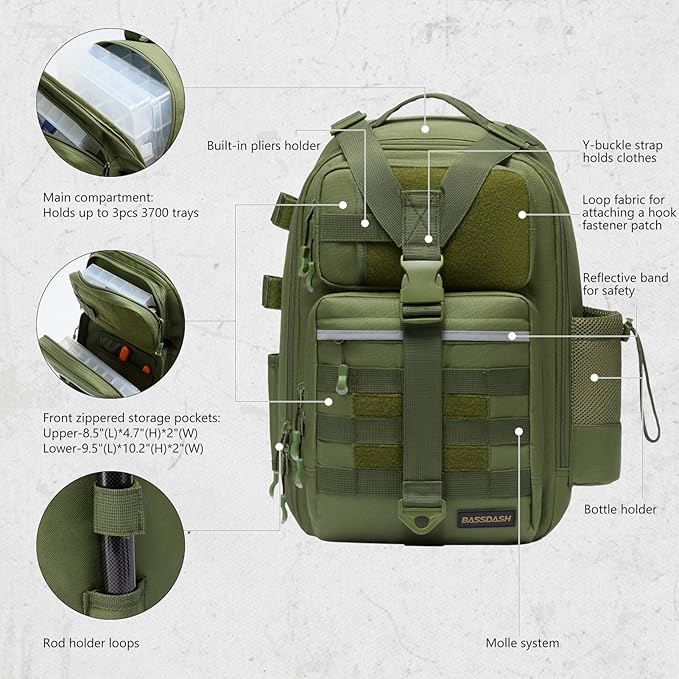 BASSDASH Convertible Fishing Backpack Sling Bag with Rod Holder, Adjustable Tactical Water-Resistant Tackle Storage Pack FP07