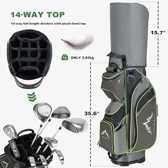 UNIHIMAL 14-Way Golf Cart Bag with Full Length Divider, Premium PU Leather Golf Bag with Plush Top, Magnetic Pocket and Rain Cover for Men