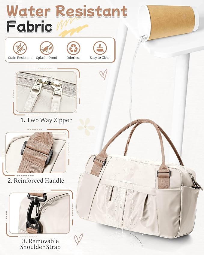 Small Gym Bag with Shoe Compartment, Workout Sport Duffle Bag for Women Travel,Waterproof Shoulder Overnight Bag Lightweight Carry on Tote Bag for Swim, Yoga, Dance, Beige