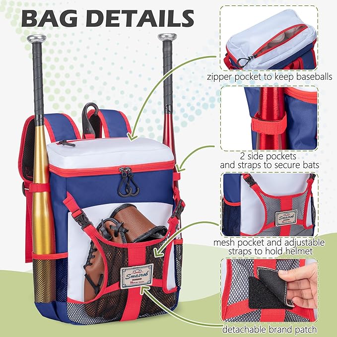 Youth Baseball Bag for T Ball, Rec and Travel Ball, Softball Bag with Helmet Holder and Fence Hook