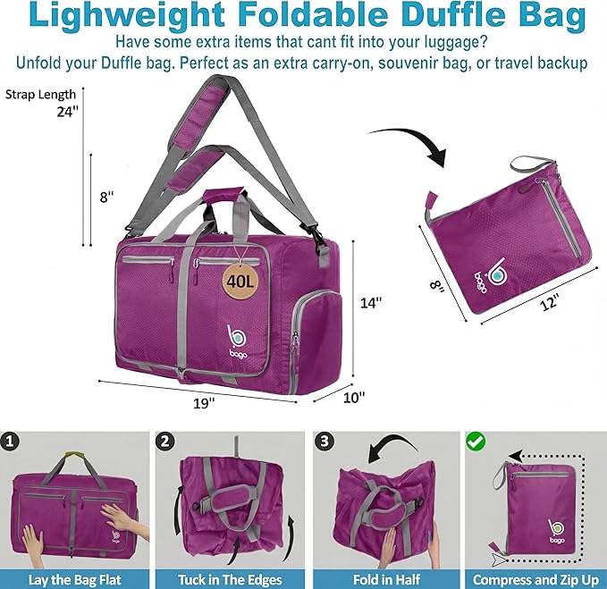 Bago Foldable Duffel Bags for Traveling Women & Men - 40L Sports Packable Duffle Bag for Travel with Shoe Compartment - Water Repellant, Heavy Duty, Lightweight Folding & Collapsible (Purple)