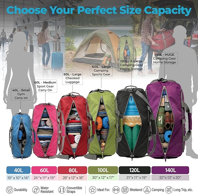 Bago Large Foldable Duffel Bags for Traveling Women & Men - 120L Packable Duffle Bag for Travel with Shoe Compartment - Water Repellant, Heavy Duty, Lightweight Folding & Collapsible (All Black)