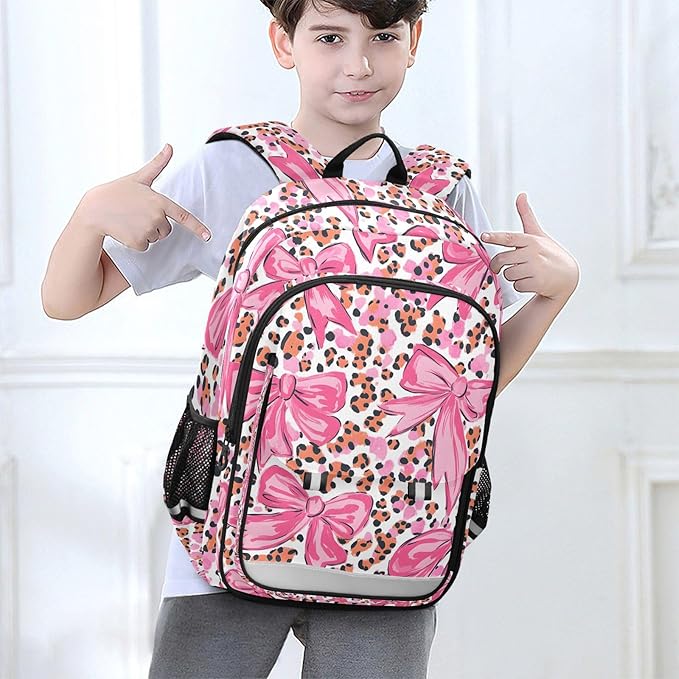 ALAZA Pink Bow Leopard Print Laptop Backpack Purse for Women Men School Bag 17 Inch Bookbag Student Boys Girls Travel Casual Daypack