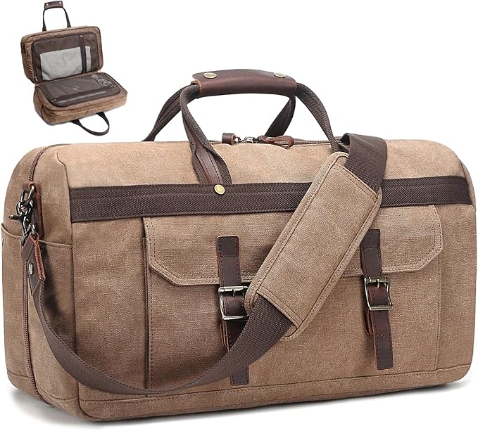 Duffle Bag for Men Waterproof Genuine Leather Canvas Travel Duffel Bags for Women Overnight Weekender Bag for Traveling