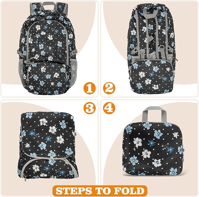 ZOMAKE Lightweight Packable Backpack 30L, Foldable Hiking Backpacks Water Resistant Compact Folding Daypack for Travel(Black,Floral pattern)