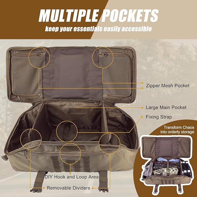 55L Large Travel Gym Duffle Bag Military Tactical Backpack, Army Pack 3 Day Bug Out Bag Rucksack for Outdoor Sport Hiking Camping with Molle System, Coyote