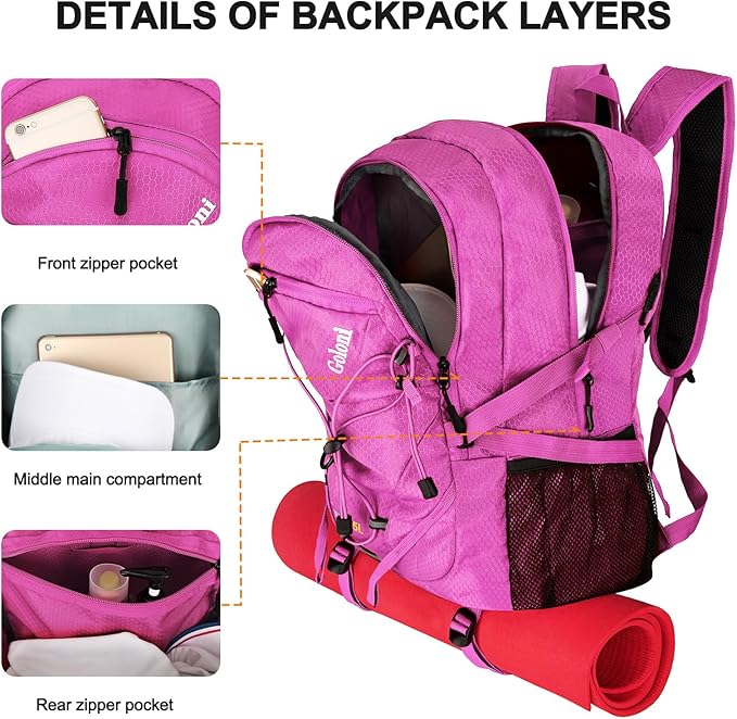 45L Hiking Backpack with Rain Cover, Lightweight Foldable Camping Backpack for Trekking, Water-Resistant Daypack with Hiking Pole & Mat Carrying System,Rose