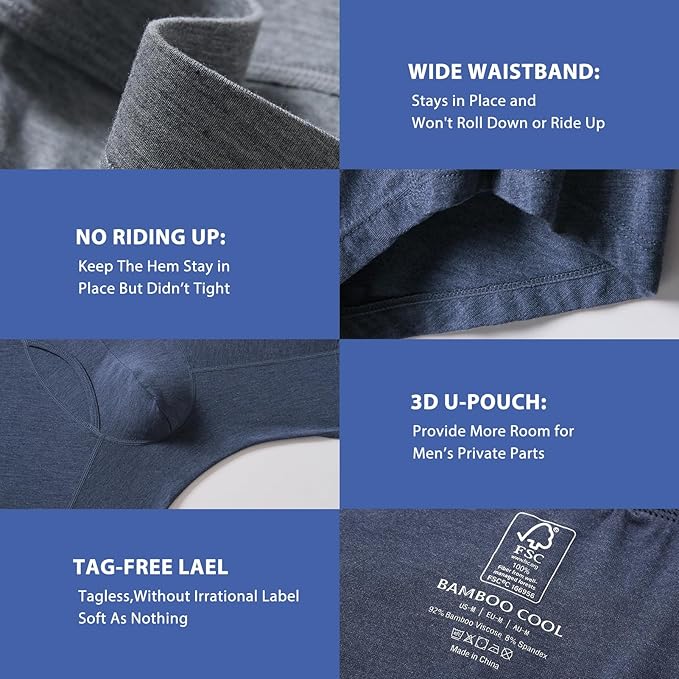 BAMBOO COOL Men's Ultra ComfortSoft Underwear, Moisture Wicking & Breathable No Ride Up Boxer Briefs with Fly, Multipack