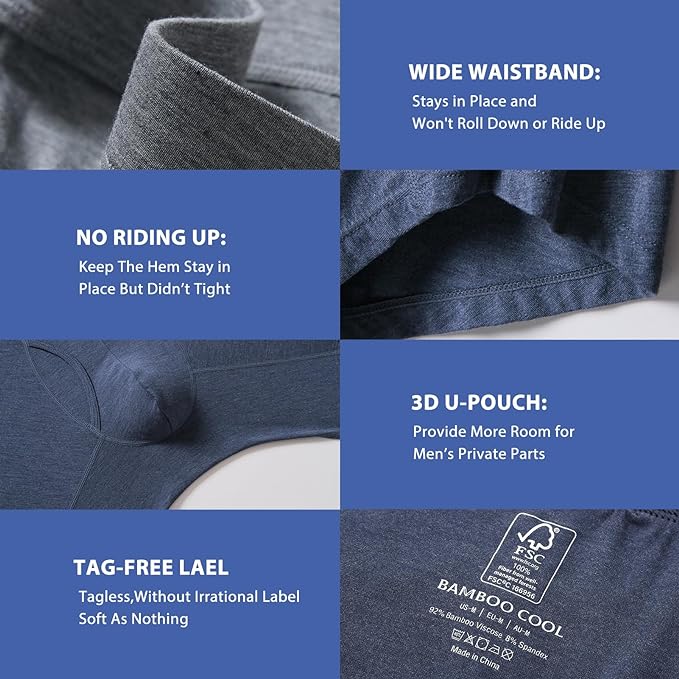 BAMBOO COOL Men's Ultra ComfortSoft Underwear, Moisture Wicking & Breathable No Ride Up Boxer Briefs with Fly, Multipack