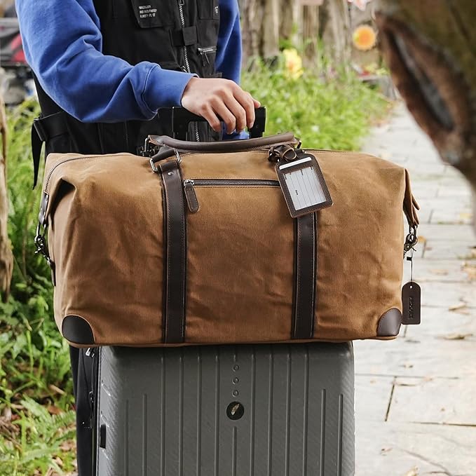 Polare 22” Waxed Canvas Cowhide Leather Travel Duffel Bag Waterproof Overnight Carry on Luggage Duffle 40L Sports Gym Weekender Bag