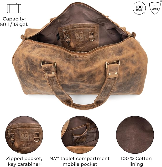 Berliner Bags Vintage Genuine Leather Duffle Bag Oslo for Travel or the Gym, Weekender, Travel Bag with Shoe Compartment, Overnight Bag for Men and Women - Brown