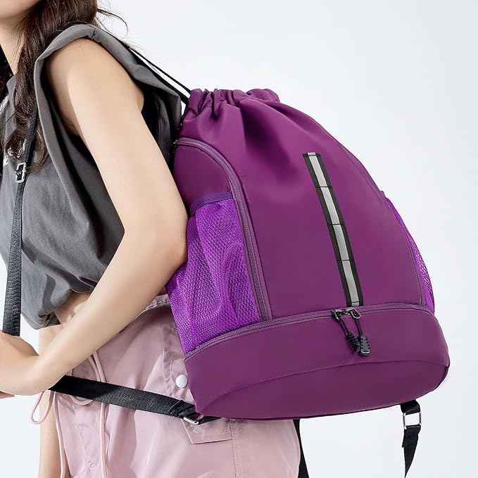 Sport Gym Bag Drawstring Backpack Beach Bag for Men Women with Shoe Compartment and Reflective Strips (Purple)